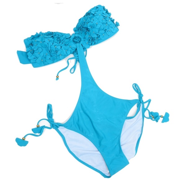 NEW Aqua Rosette Ruffle Bandeau Monokini Swimsuit Swimwear LARGE - Picture 1 of 2